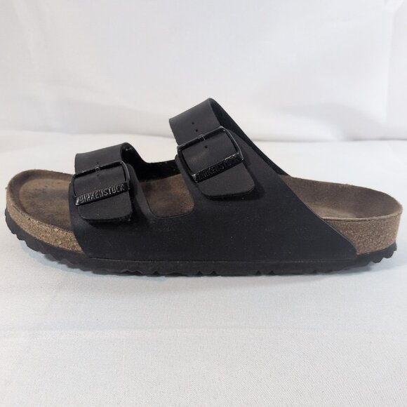 Birkenstock 41 Arizona Black Leather Sandals Pebbled Slip On 2 Strap Buckle 10 - Picture 14 of 16